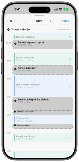 Plan open time preview: proposed tasks shown dashed between existing commitments