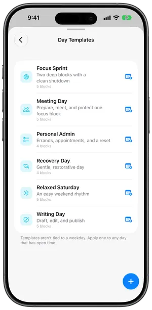Day templates list with Focus Sprint, Meeting Day, and Personal Admin