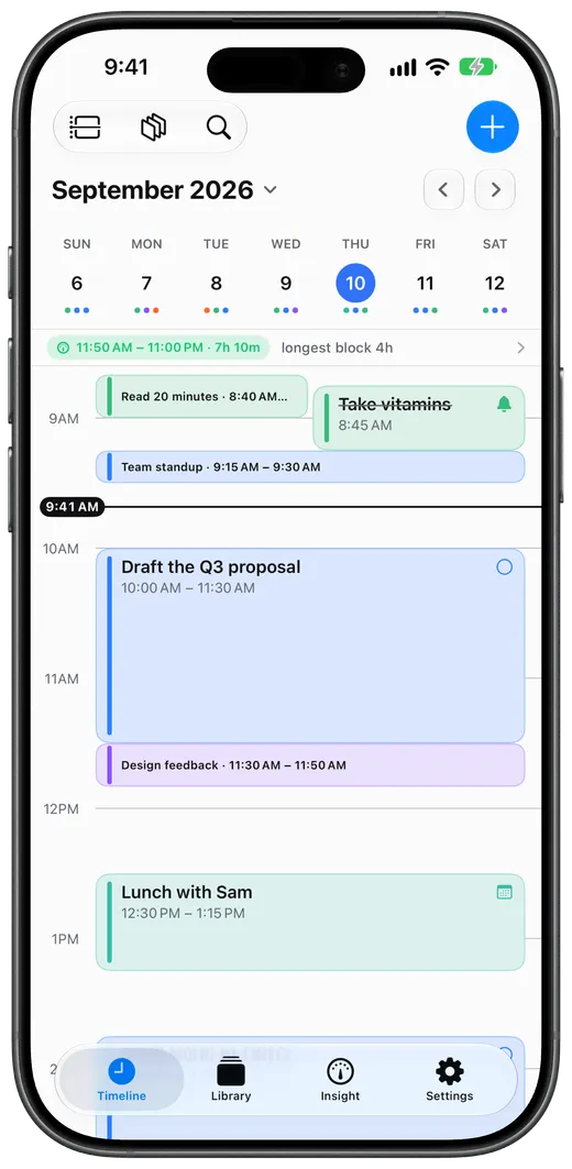 Day timeline: the week strip, the open-time summary, and the morning's tasks, reminder, and event